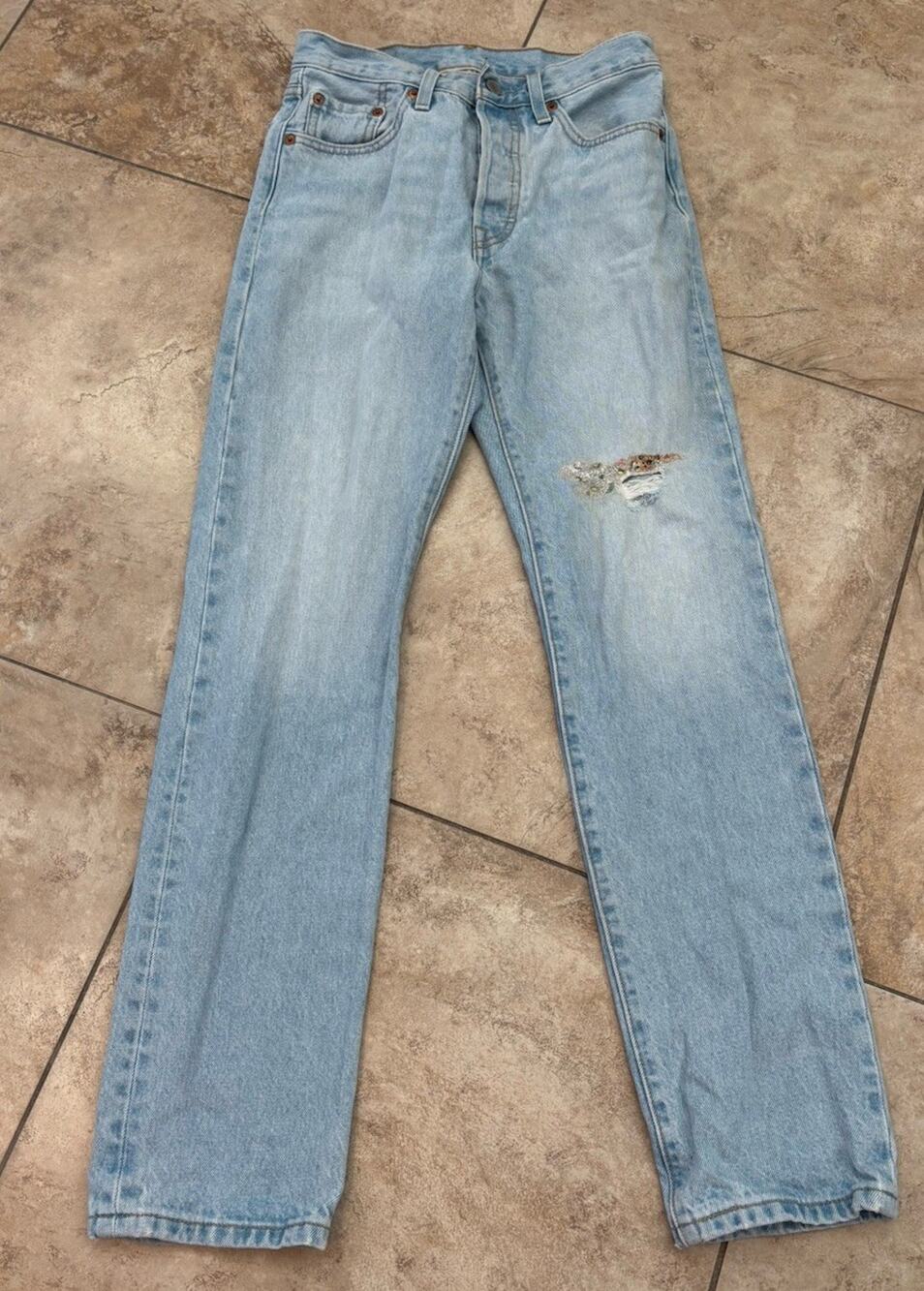 Levi’s 501 150th Anniversary Jeans W24 L30 Light Wash Distressed Floral Patch - Picture 1 of 5